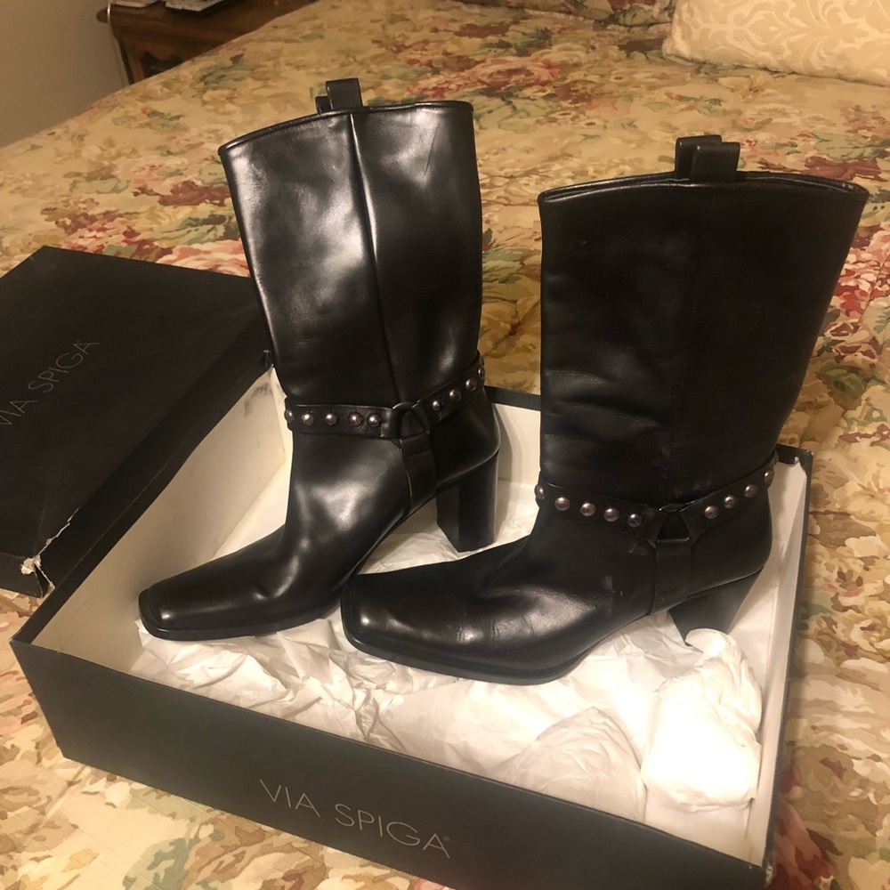 NWT Via Spiga black leather mid-calf boots